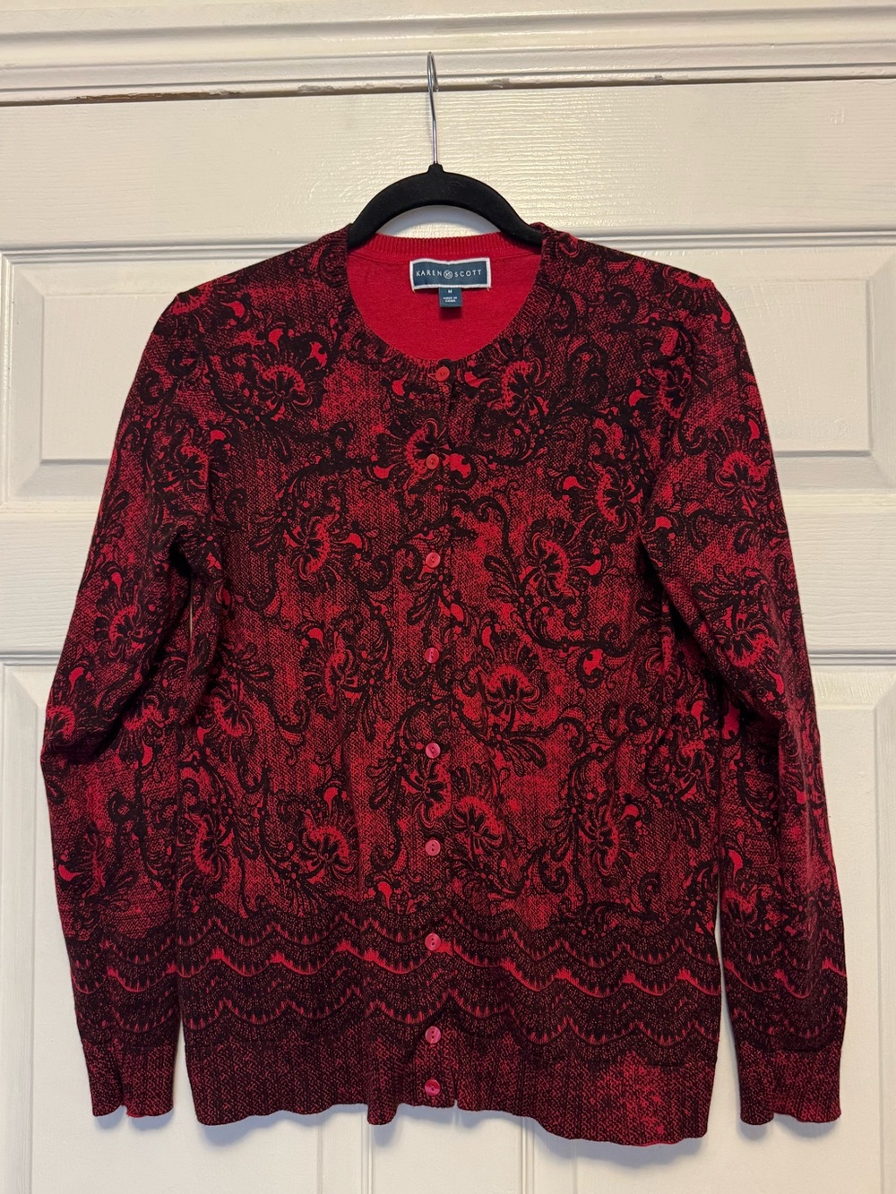 Karen Scott Red and Black Button-Front Cardigan